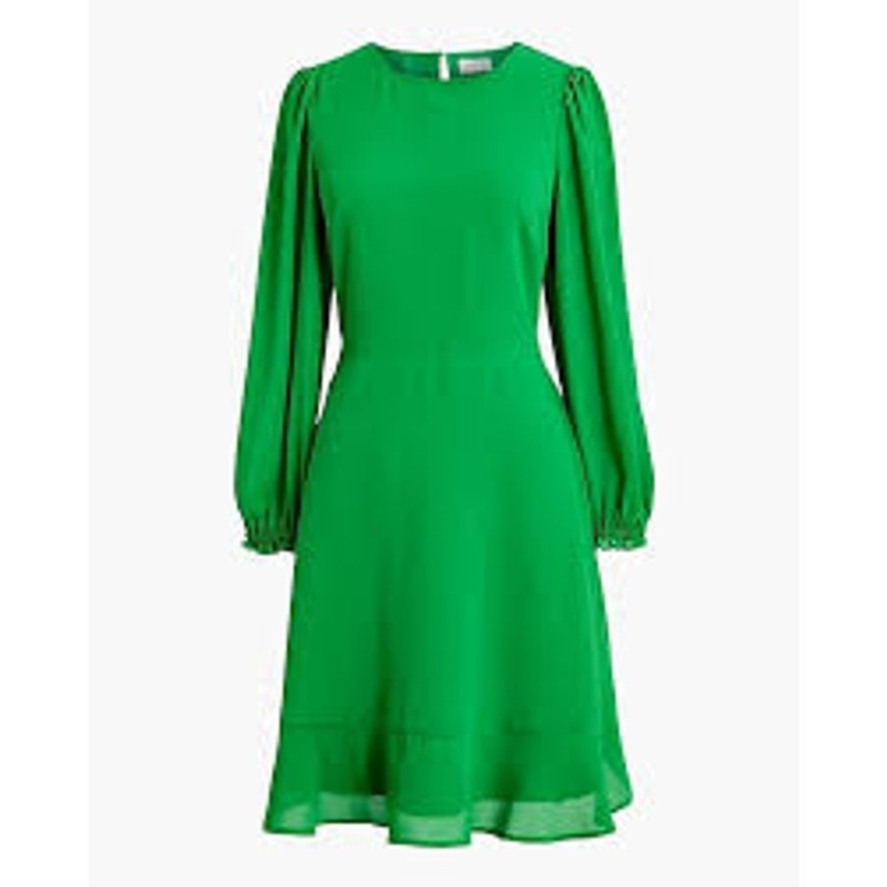 J.Crew Green Ruffle Hem Georgette Dress Long Puff Sleeve BY478 Womens 6